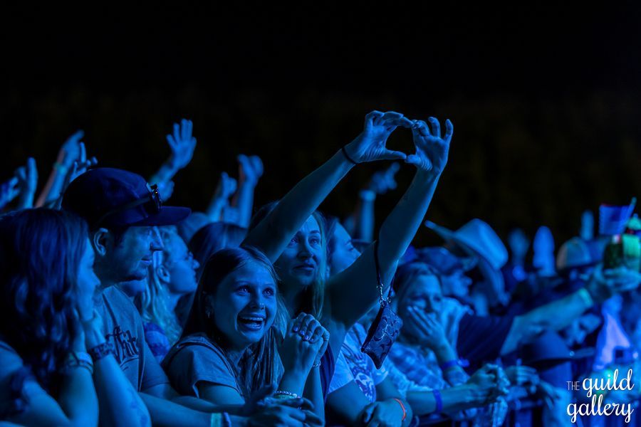 A crowd of people are sitting in a dark room watching a concert.