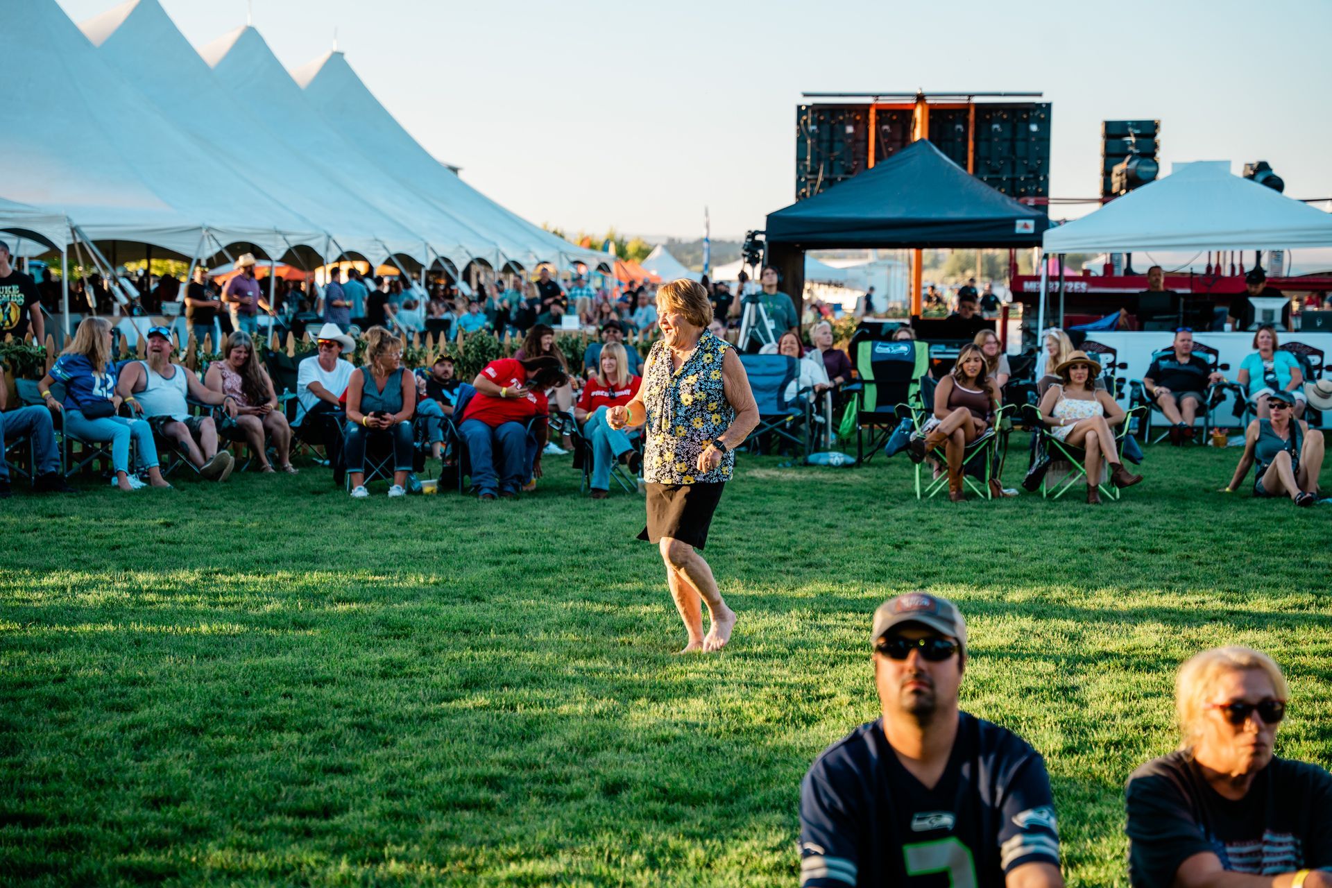 A group of people are sitting in chairs in a grassy field at a concert.