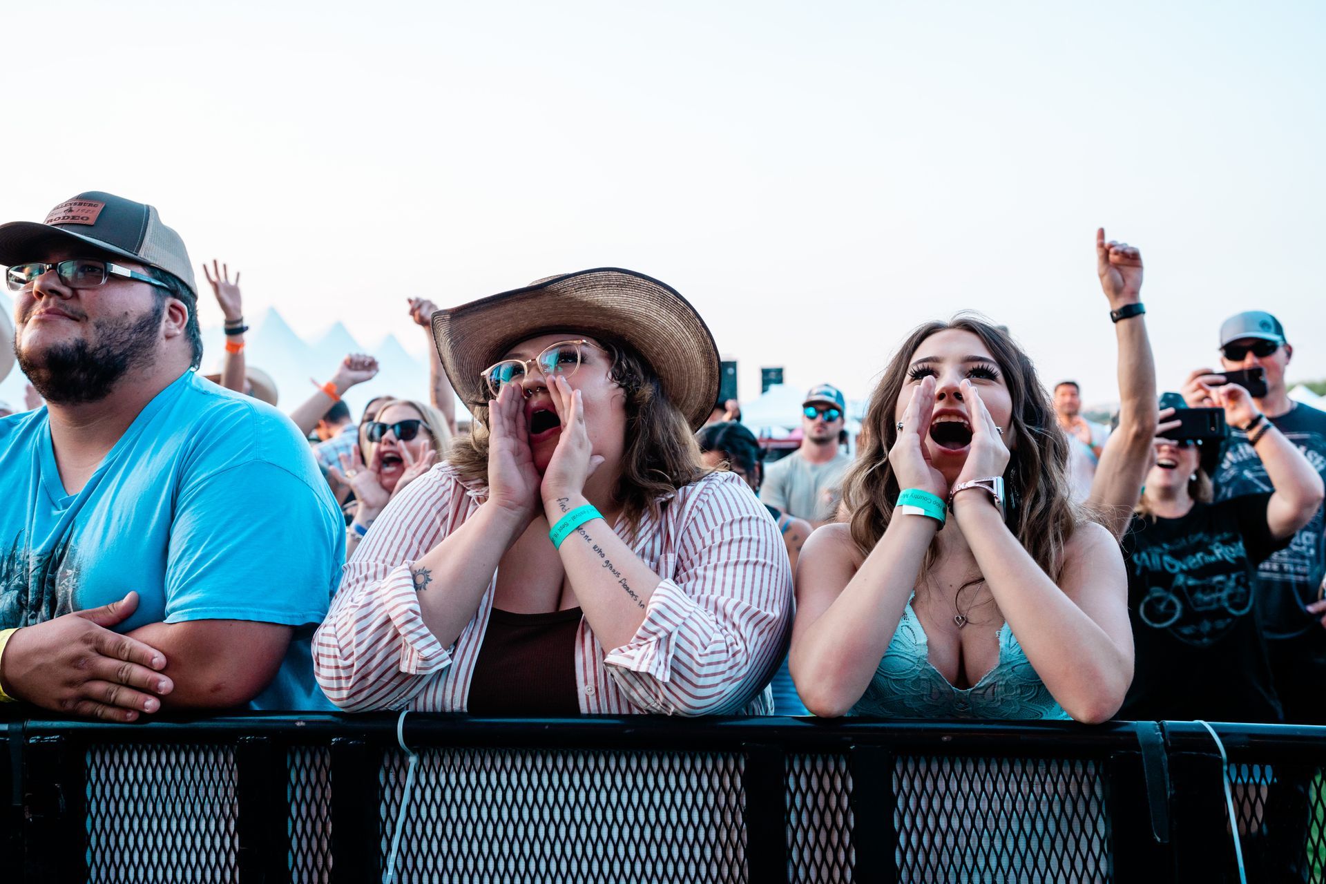 A group of people are standing in a crowd at a concert.