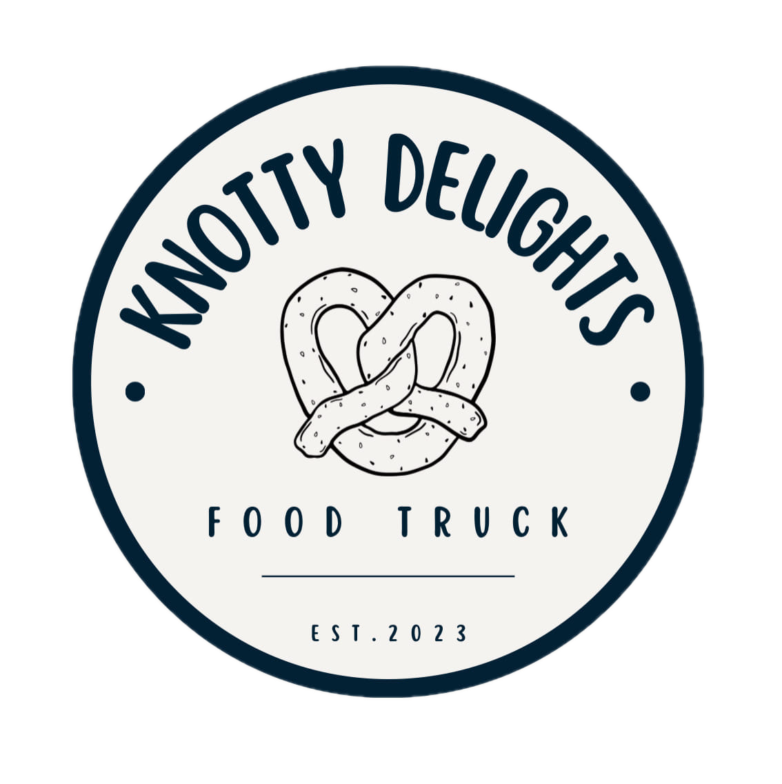 The logo for knotty delights food truck is a pretzel in a circle.