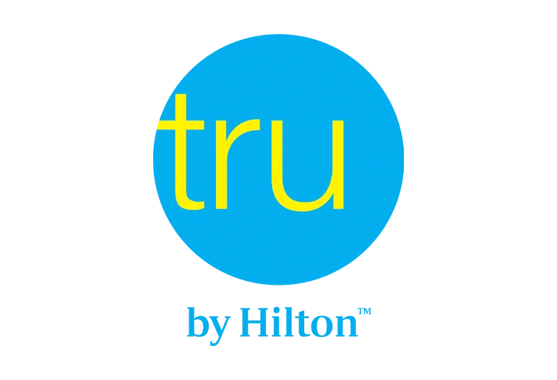 A blue and yellow logo for tru by hilton