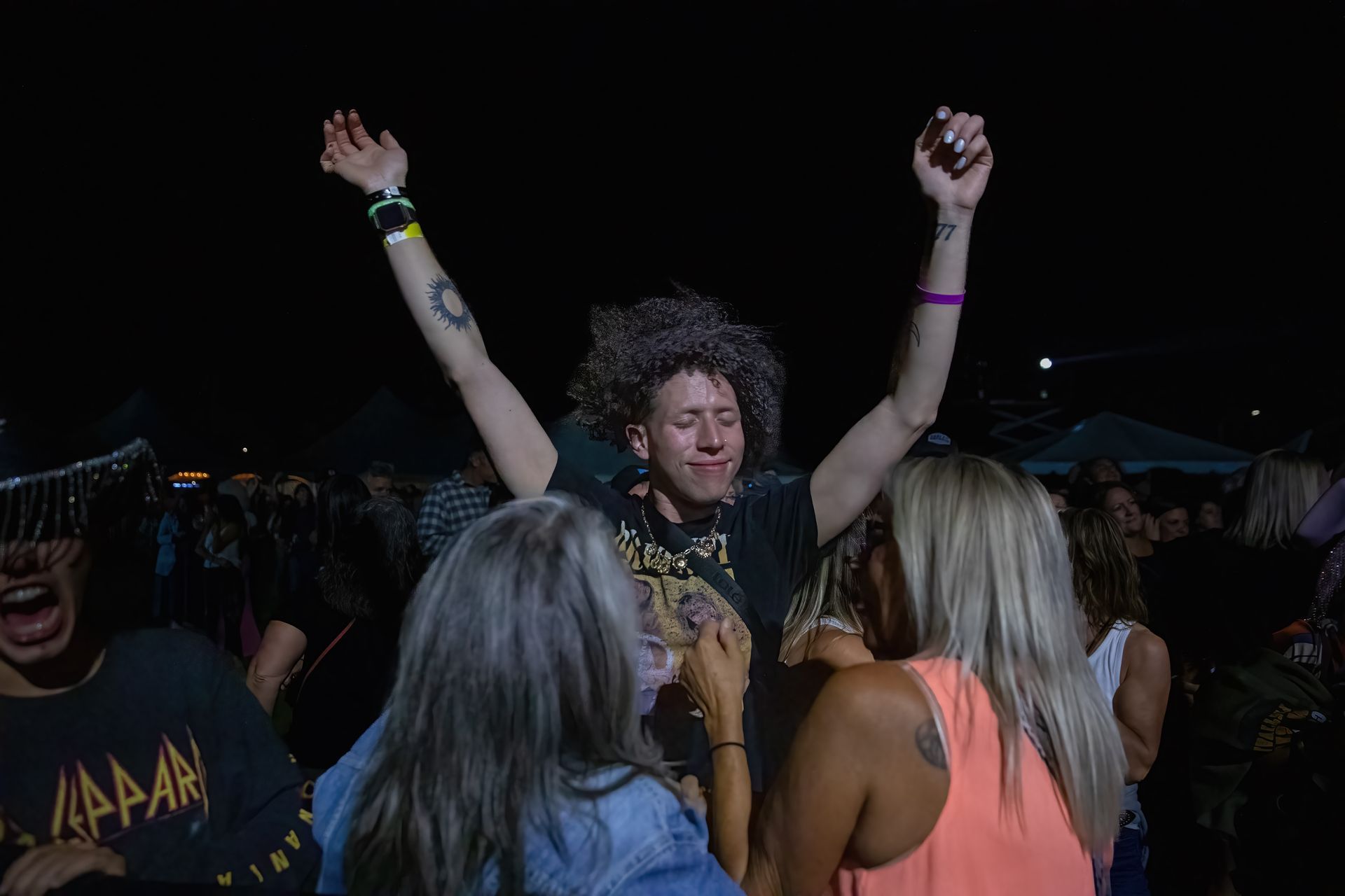 A group of people are dancing at a concert with their arms in the air.