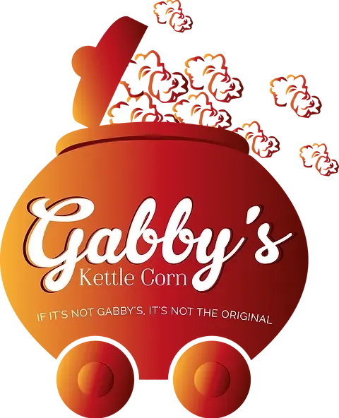A logo for gabby 's kettle corn with popcorn coming out of it