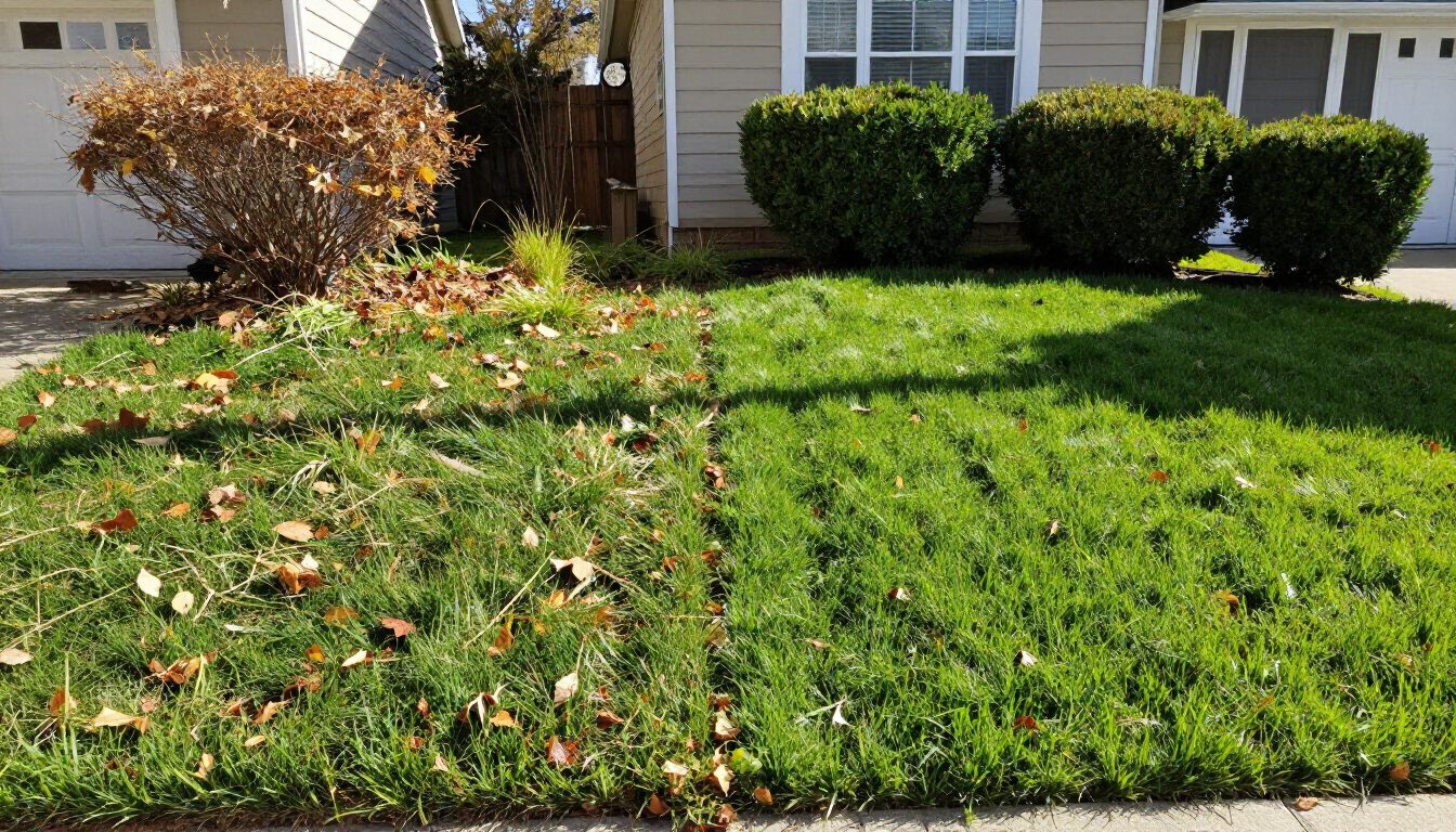 Before and after lawn care transformation showing edging, trimming, and a clean finished yard