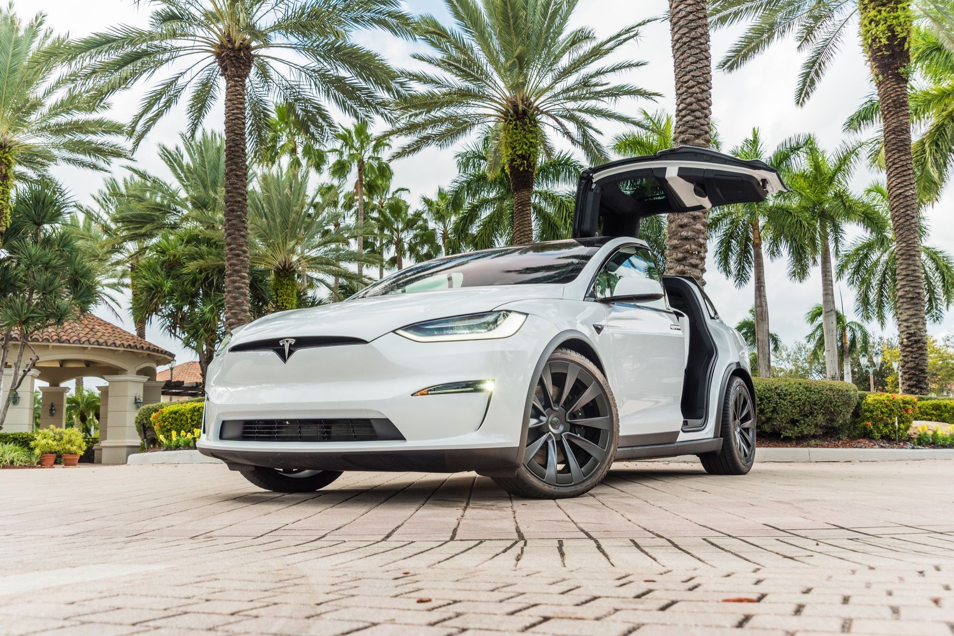 White Tesla Model X with open falcon-wing door parked on a brick driveway, palm trees in background.