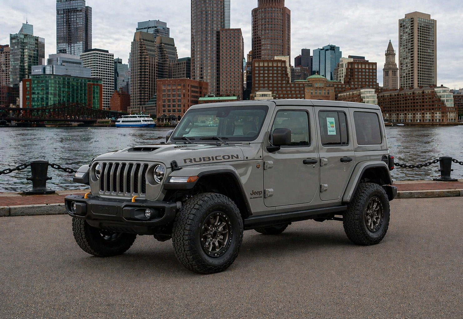 Gray Jeep Wrangler on a paved road, with black wheels. Daytime, outdoor setting.