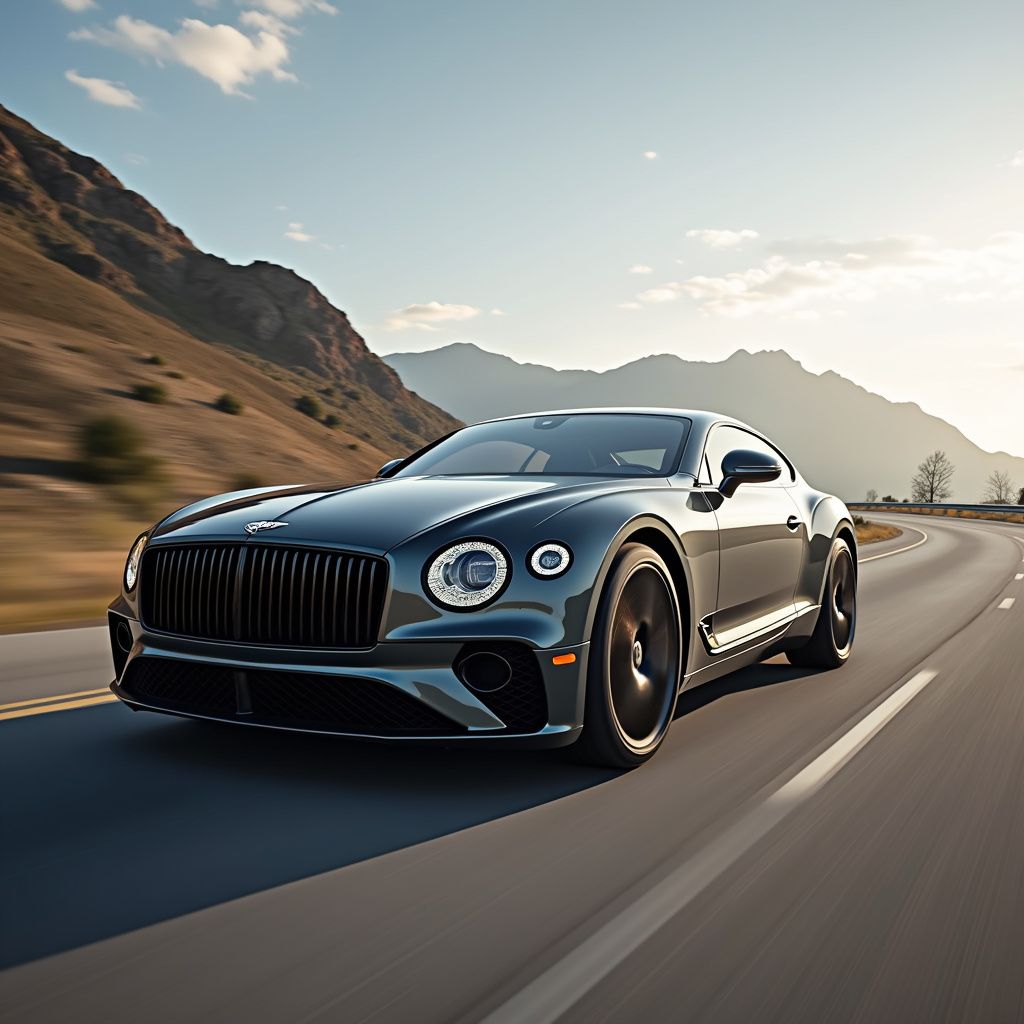 A sleek, gray Bentley coupe speeds down a mountain road on a sunny day.