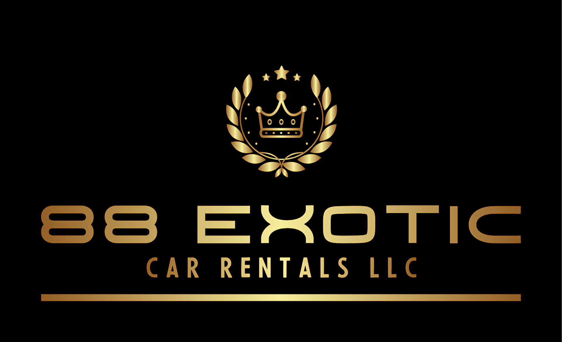 Logo for 88 Exotic Car Rentals LLC: Gold crown & wreath, gold text on black background.