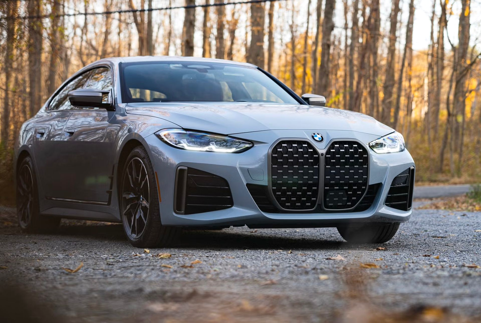 Gray BMW sedan parked on gravel in front of trees, daytime.