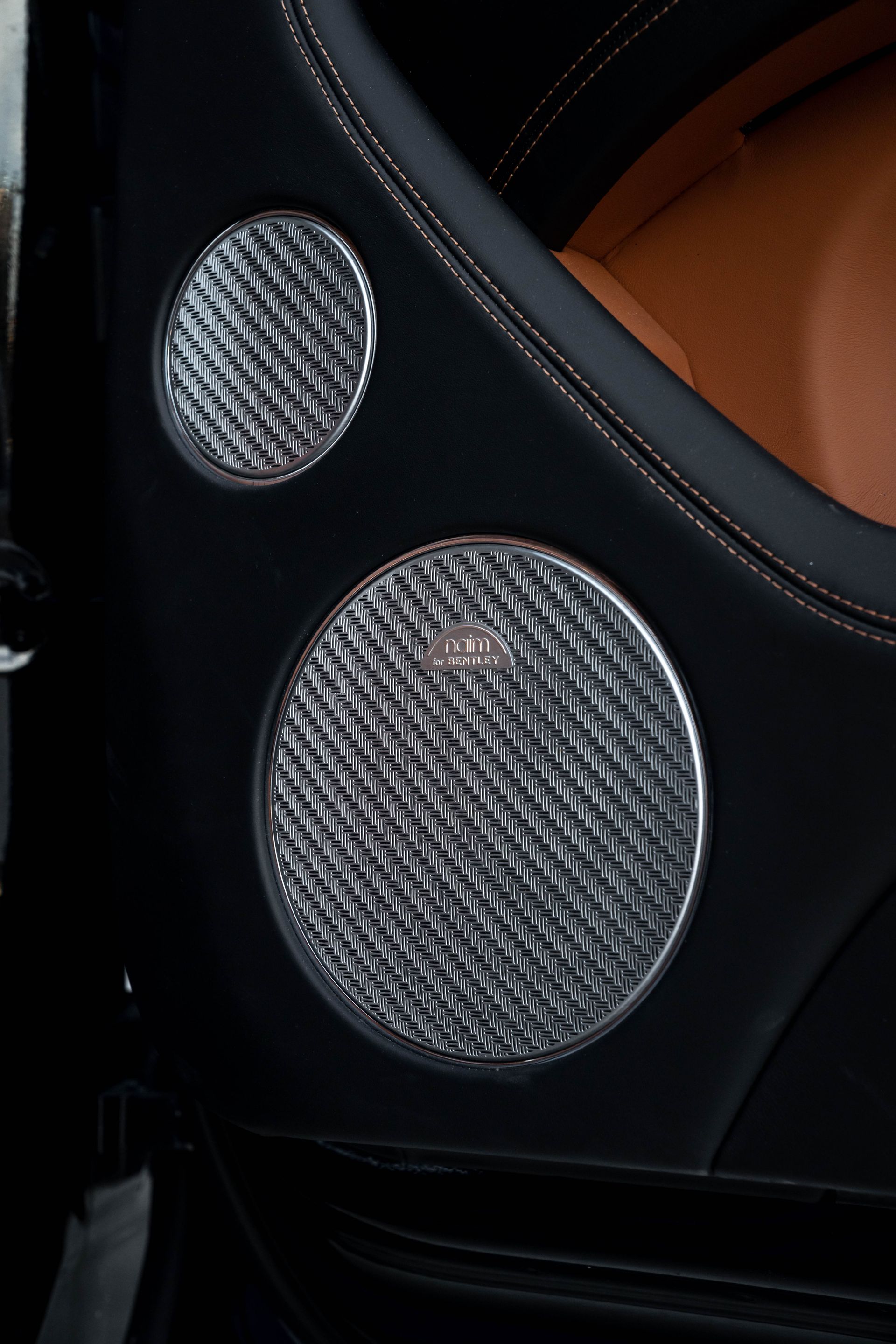 Close-up of car door panel with two silver speaker grilles on black leather. Brown interior peeks through.