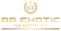 Logo for 88 Exotic Car Rentals LLC: Gold crown & wreath, gold text on black background.