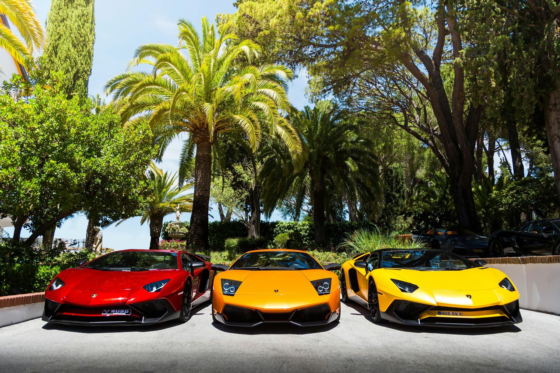 Three colorful Lamborghini sports cars parked in front of palm trees.