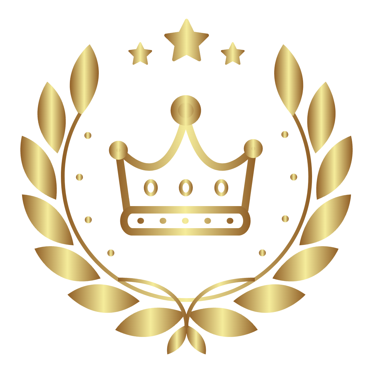 Gold crown inside gold laurel wreath with three stars.