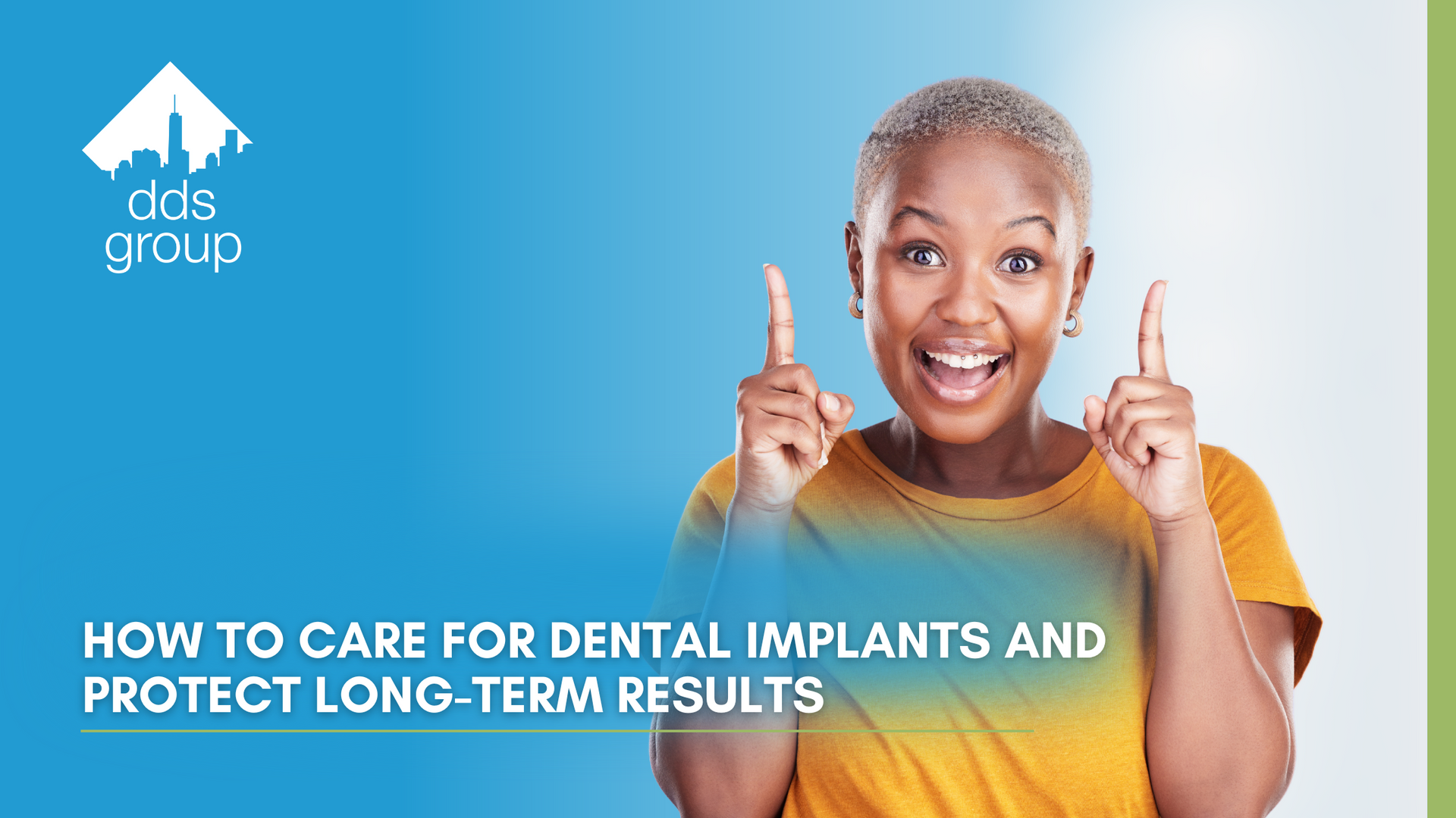 A woman is smiling and pointing up at her dental implants.