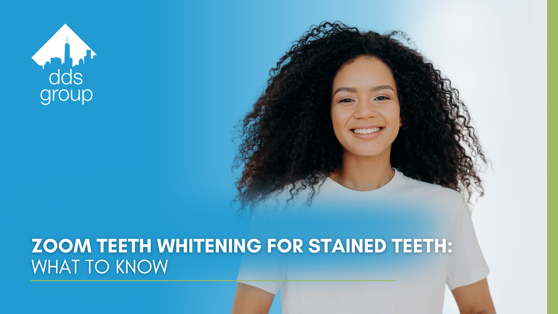 Woman smiles, Zoom teeth whitening graphic. Blue background, white t-shirt, dark curly hair.