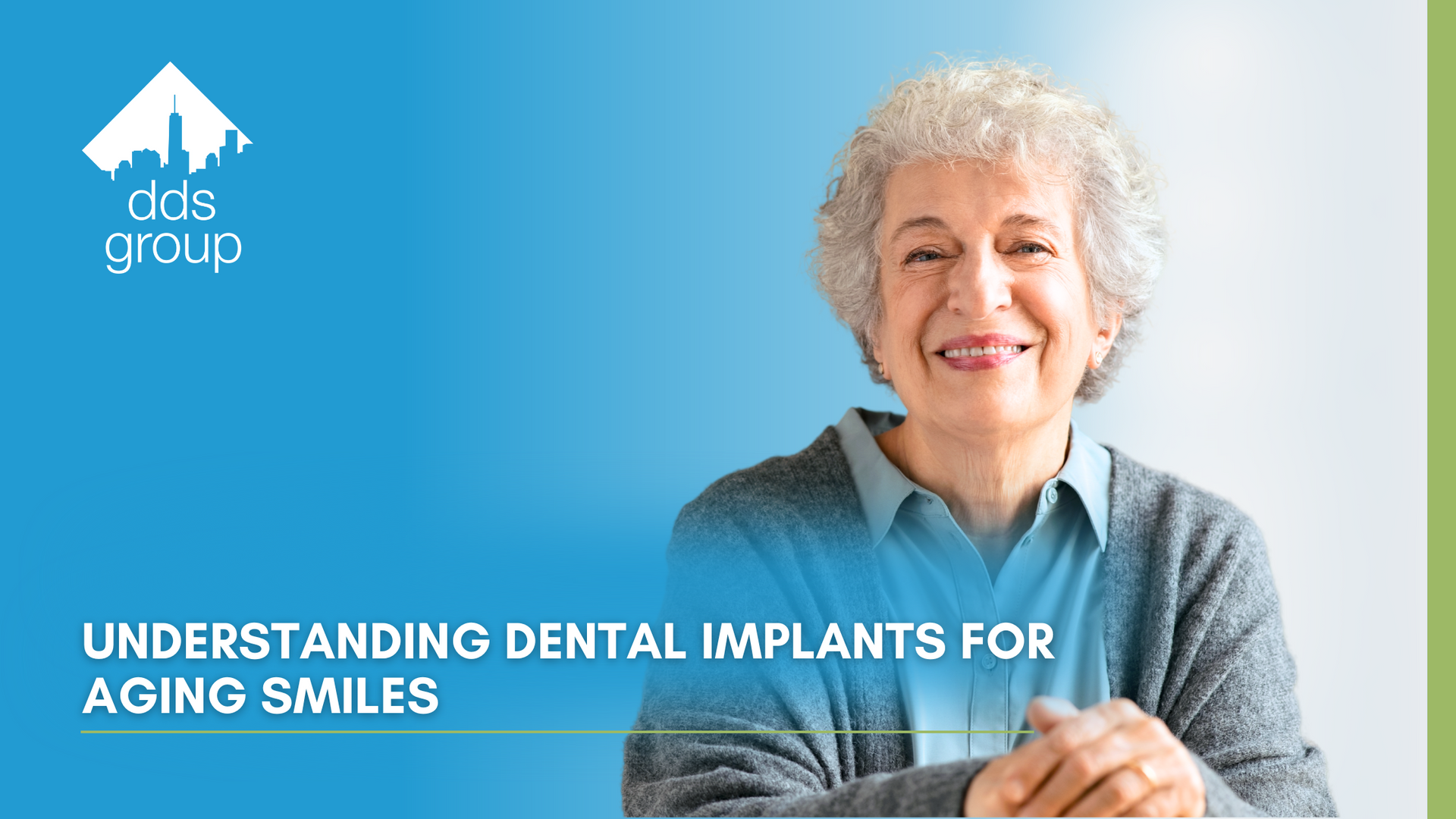 An elderly woman is smiling in front of a blue background.
