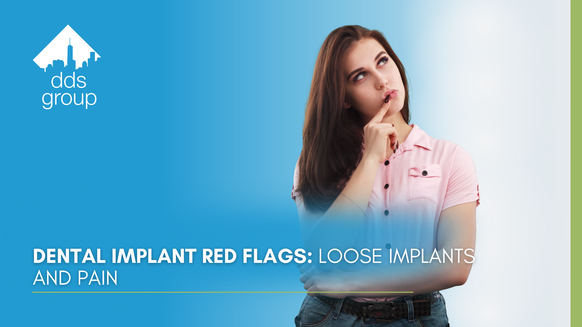 A woman is thinking about dental implant red flags , loose mplants and pain.
