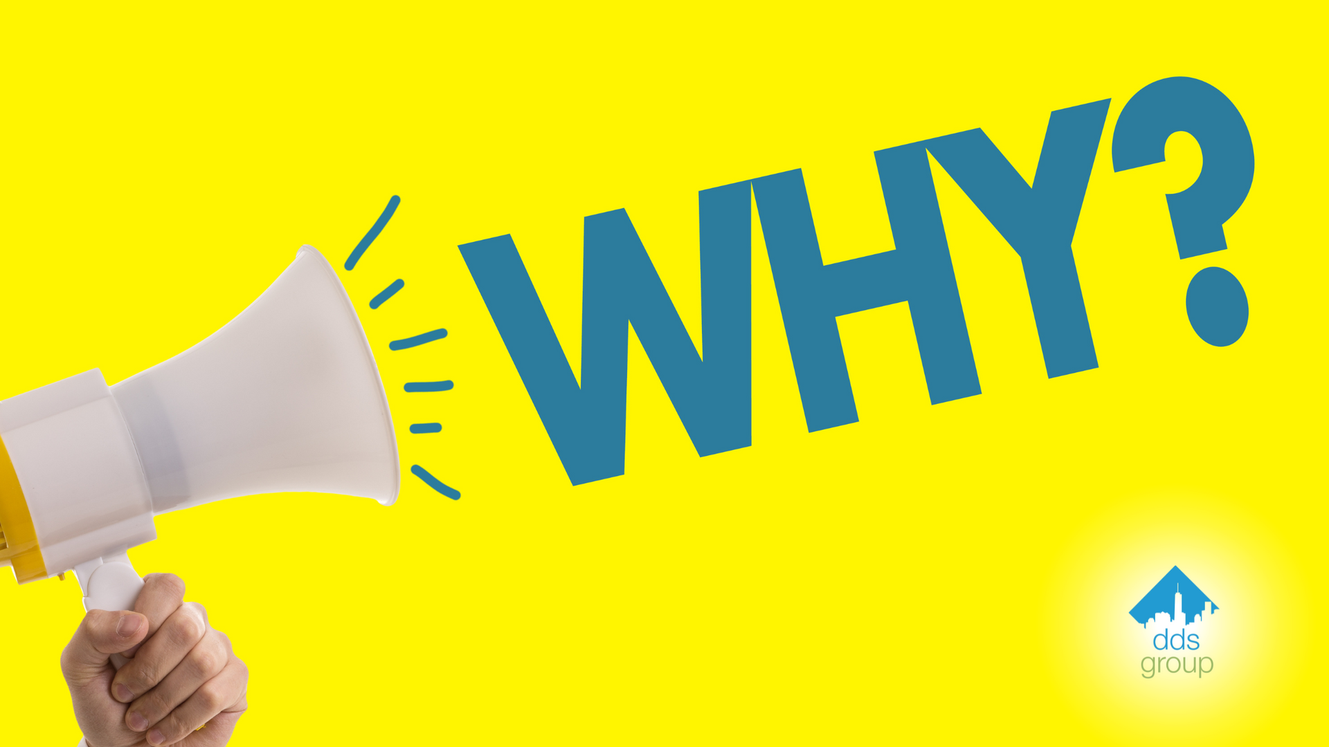 A person is holding a megaphone with the word why written on it