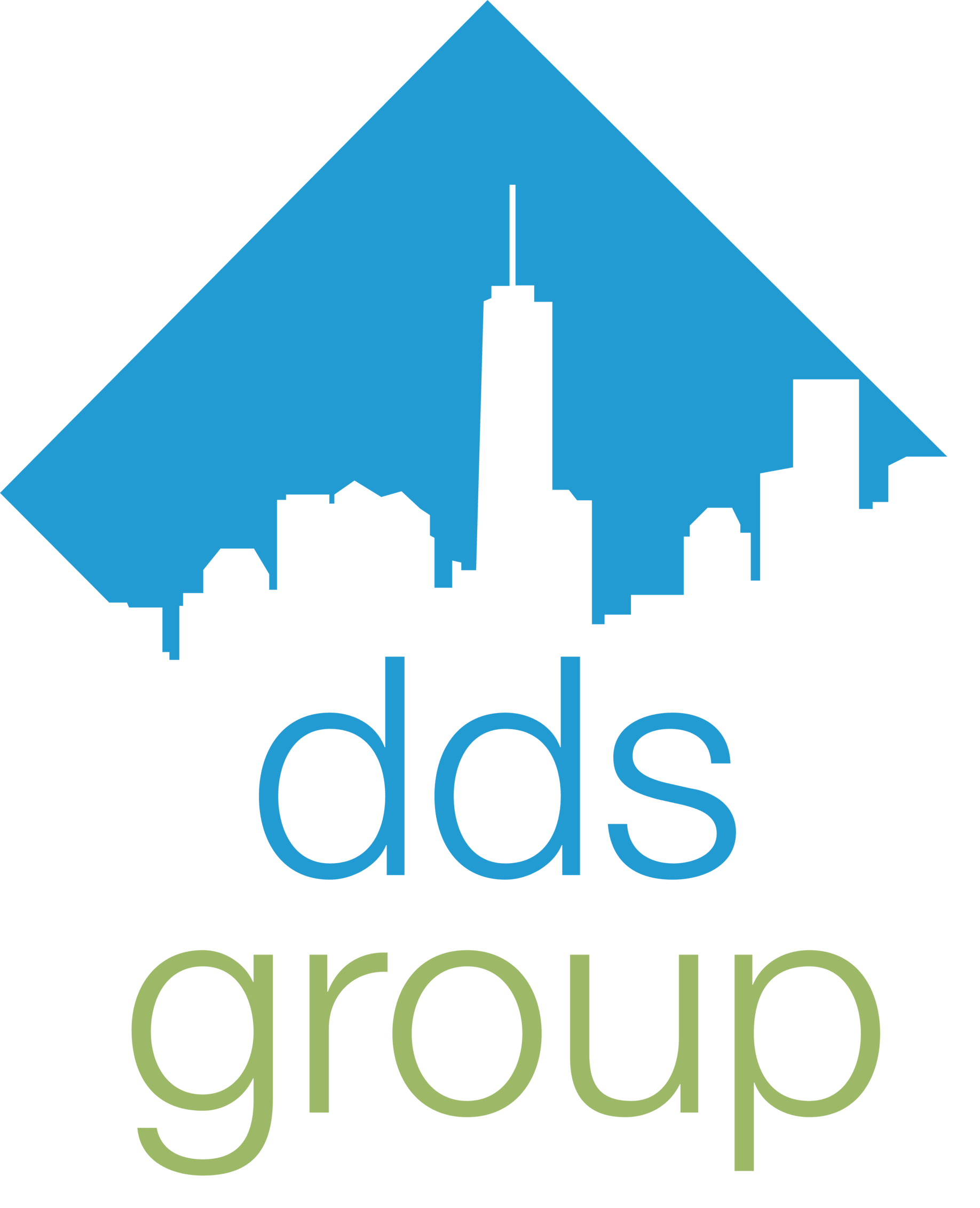 A logo for dds group with a city skyline in the background