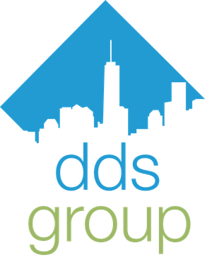 A logo for dds group with a city skyline in the background