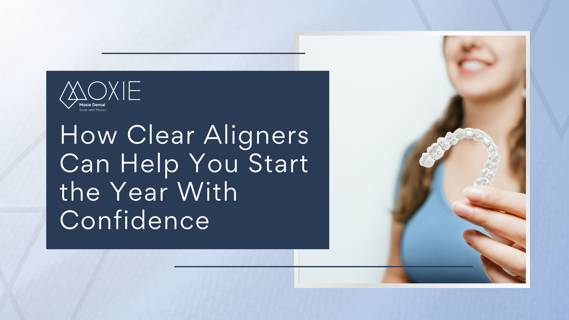 Woman holding clear aligner, smiling. Text reads: 