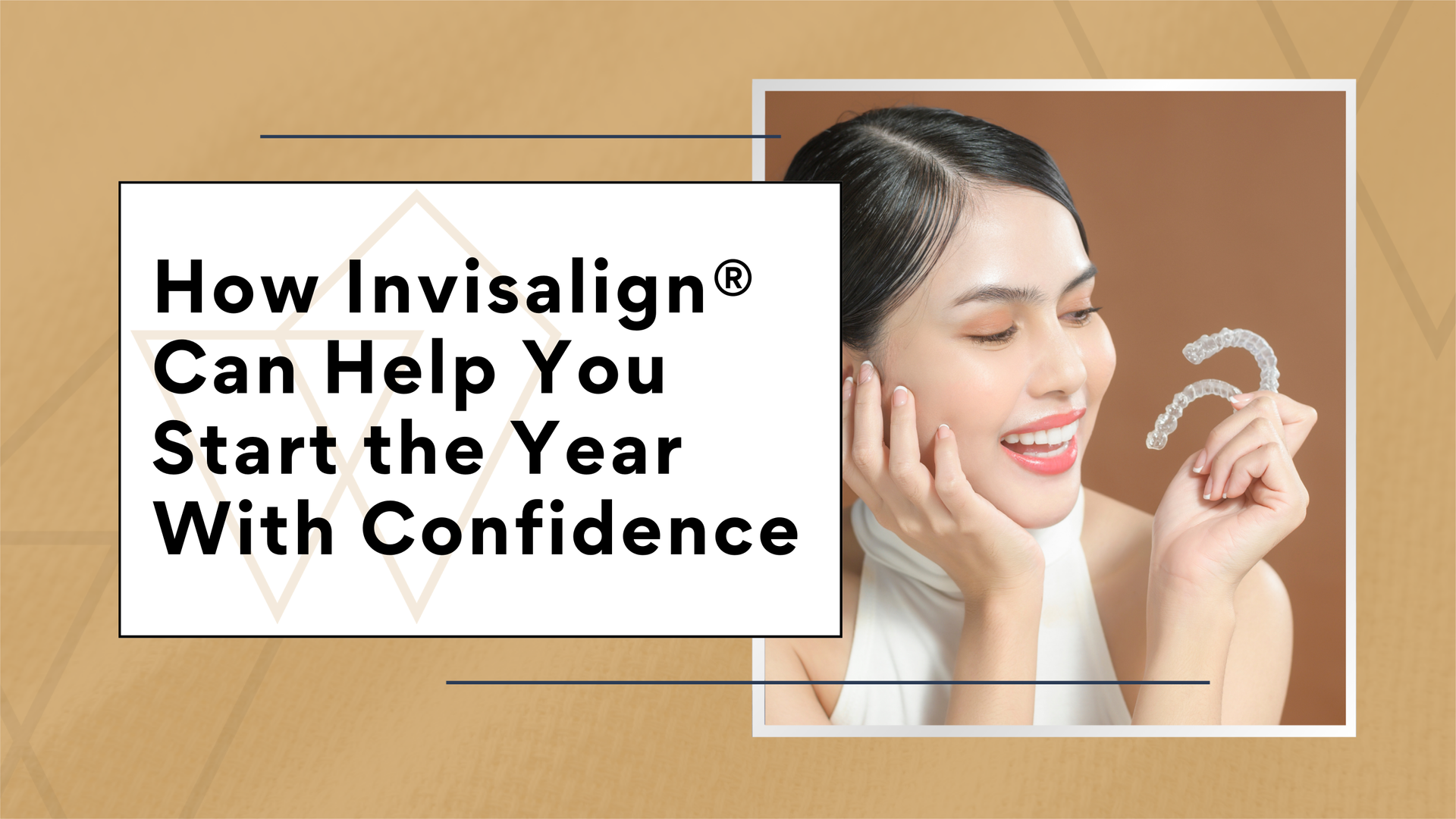 A person holding clear Invisalign aligners, smiling. Text reads: 