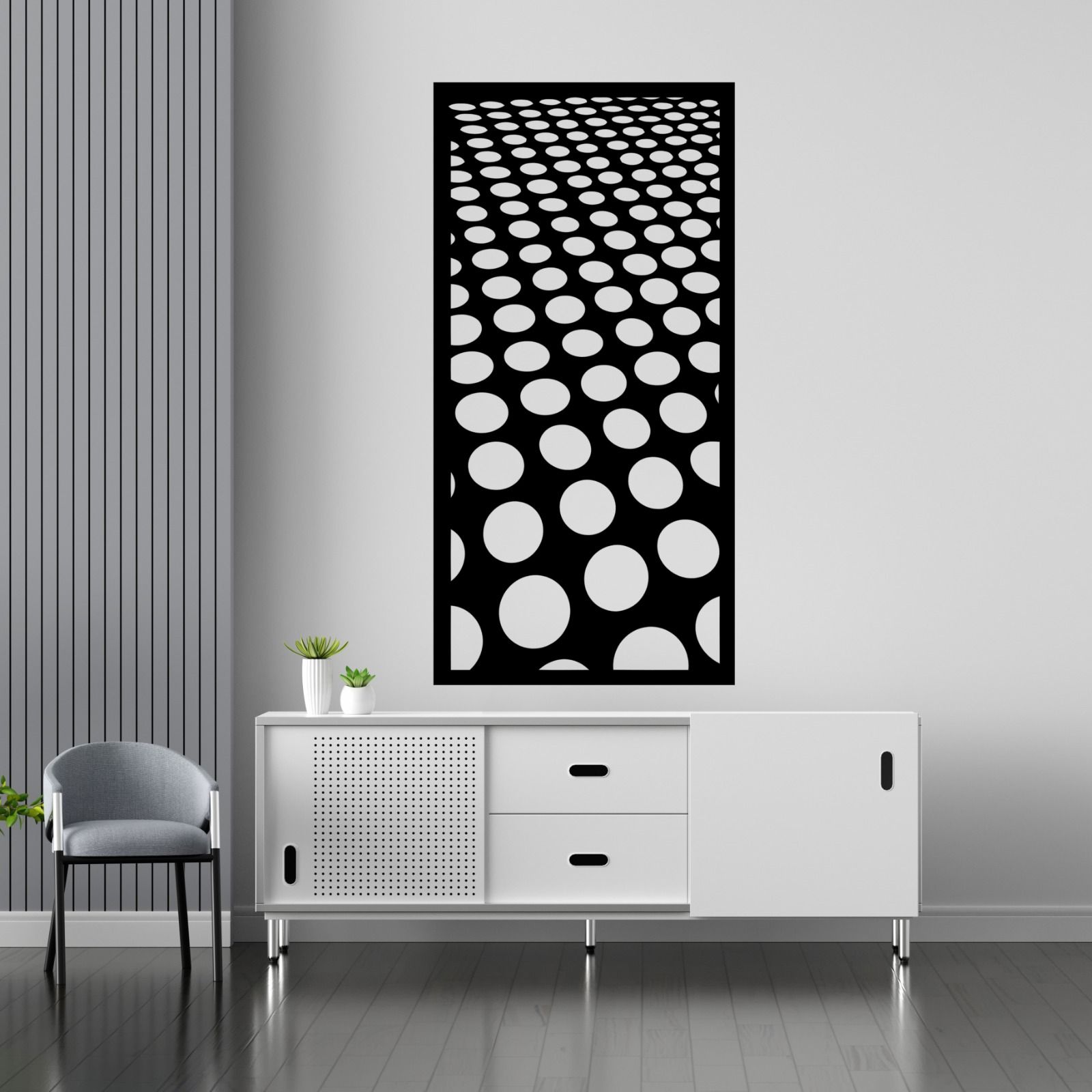 A living room with a black and white polka dot wall decoration. — Keystone Engineering Sheet Metal Industries in Noosaville, QLD
