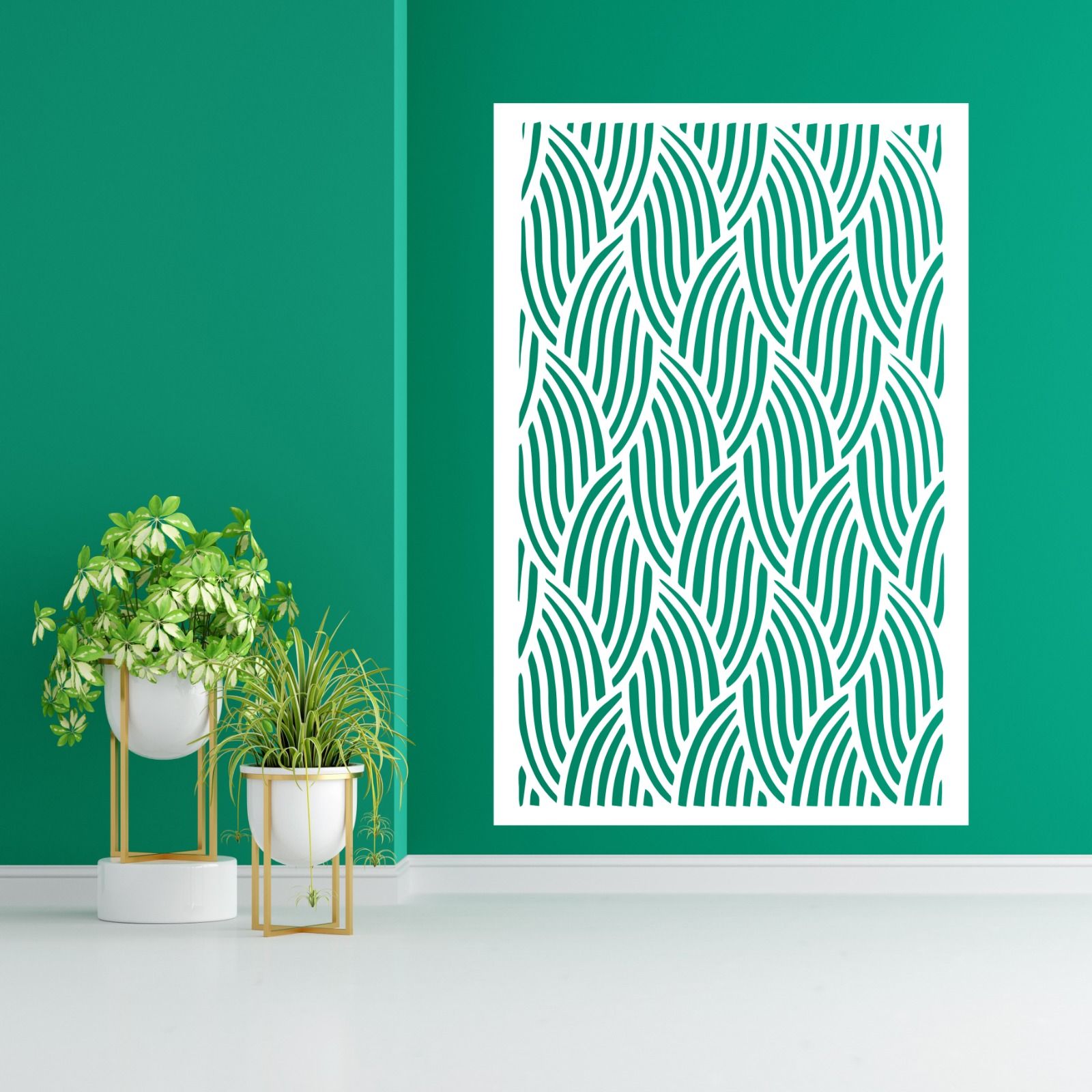 A green wall with a white stencil on it and two potted plants. — Keystone Engineering Sheet Metal Industries in Noosaville, QLD