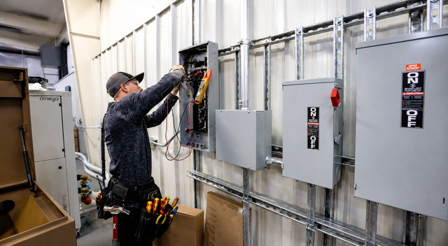 Electrician working on an open breaker panel in a utility room with several gray electrical cabinets.