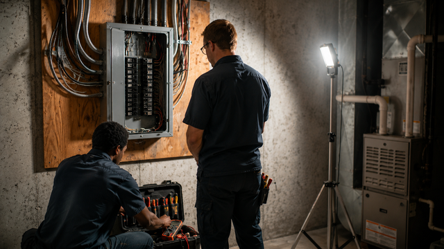 Two workers inspect an open electrical panel in a dim utility room