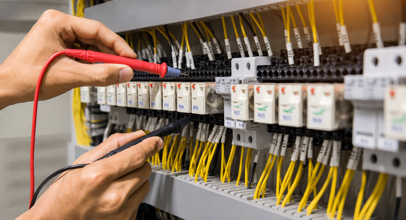 Hands testing electrical panel circuits with red and black probes, rows of labeled breakers and yellow wires.