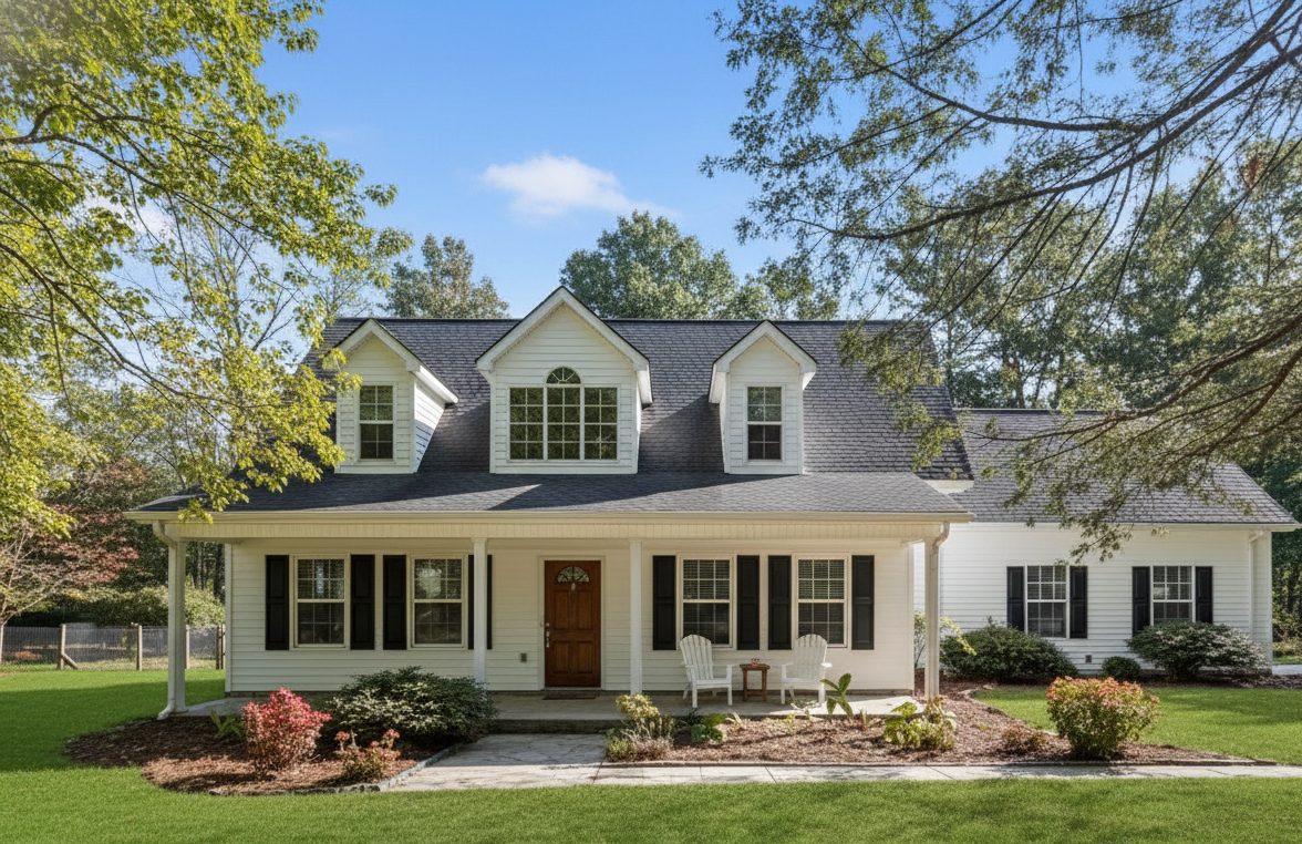 Brick building with large windows showing a well-lit living room, two figures looking out at a city street.
