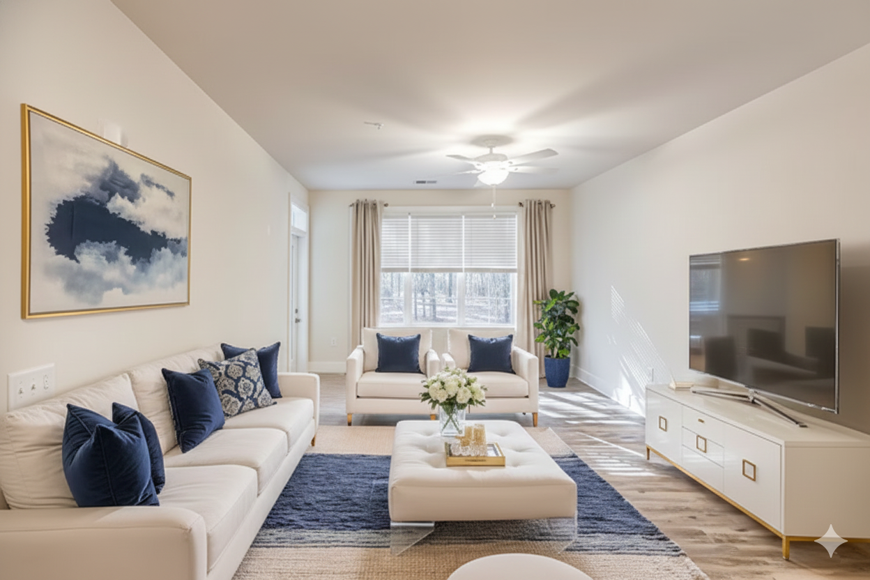 Brick building with large windows showing a well-lit living room, two figures looking out at a city street.