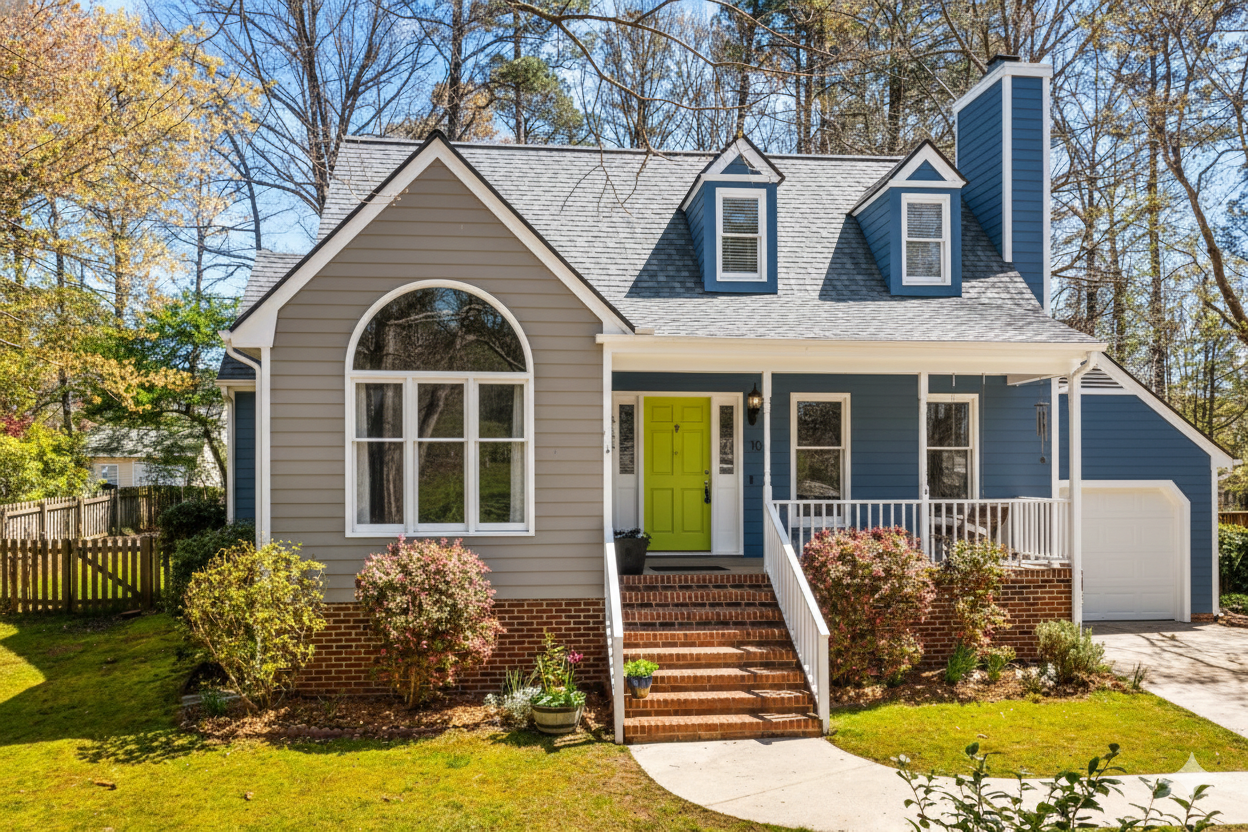 Brick building with large windows showing a well-lit living room, two figures looking out at a city street.