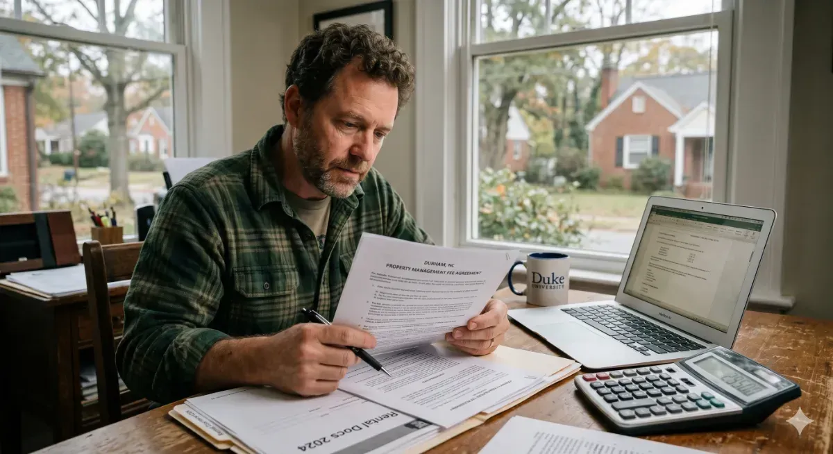 Man reviewing a Durham, NC property management fee agreement with laptop, calculator, and Duke mug.