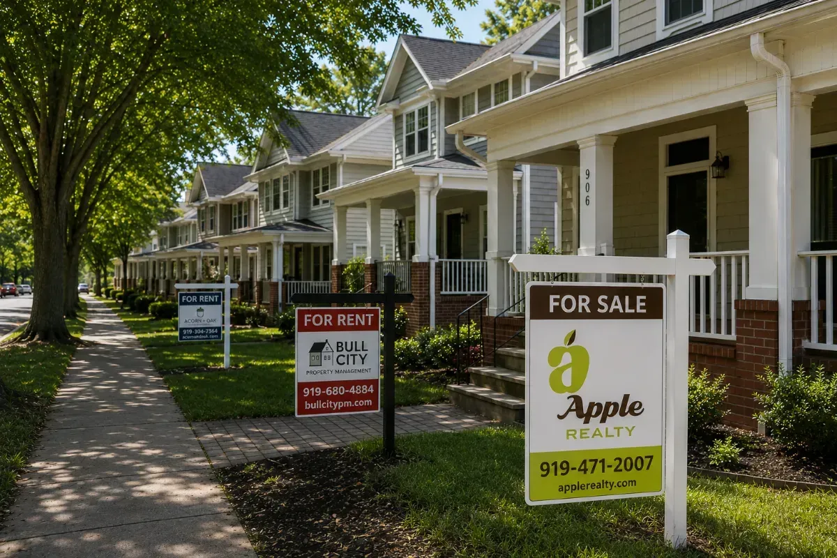 Durham neighborhood with for-rent and for-sale signs in front of similar houses on a tree-lined stre