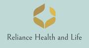 Logo for Reliance Health and Life: gold abstract shape over text on a teal background.
