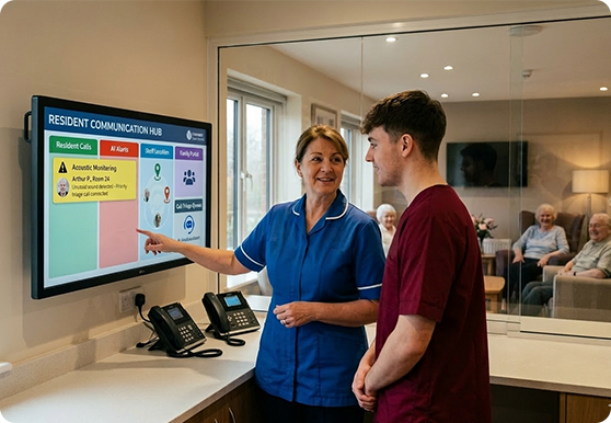 Dental Receptionist taking calls using deskphone AI-powered VoIP Phone System