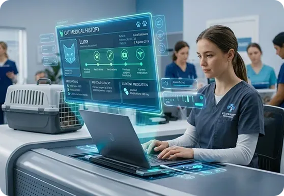 Veterinary Receptionist taking calls using a desk phone