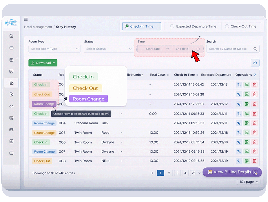 Guest Stay History phone system