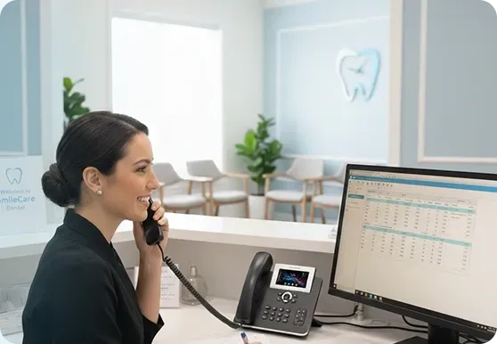 Dental Receptionist taking calls using deskphone Dental Receptionist taking calls using deskphone