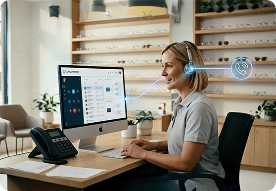 Dental Receptionist taking calls using deskphone