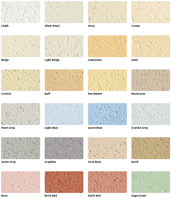 Swatch of stucco colors: Chalk, Silver Pearl, Ivory, Cloud, Beige, Light Beige, Greenhouse, Sand.