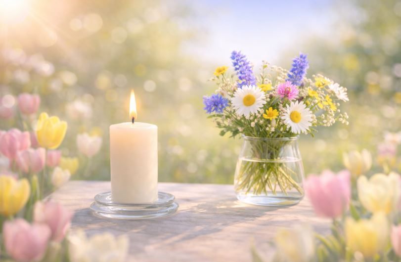 Candle and spring flowers on outdoor table setting a comforting memorial, cremation services Taneyto