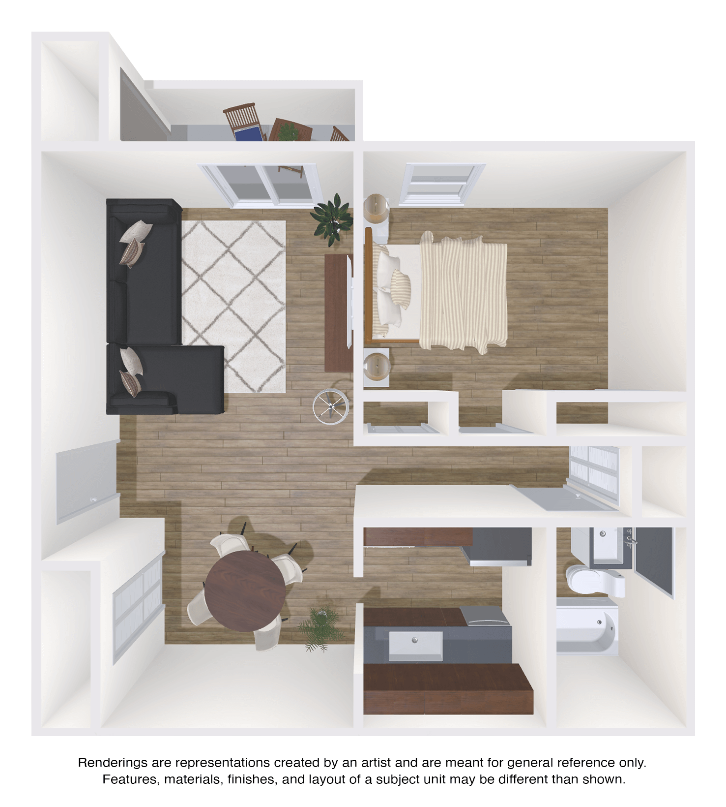 A 3d floor plan of a small apartment with a bedroom , living room , dining room , and bathroom.