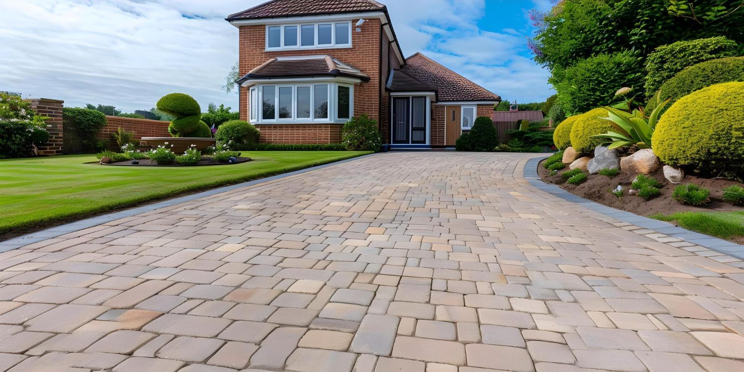 A brick driveway leading to a large brick house.