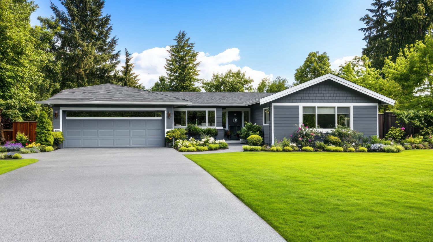 A gray house with a large driveway and a garage