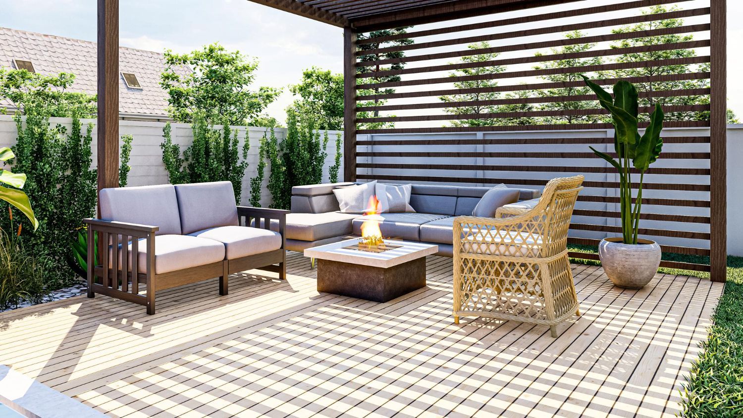 There is a fire pit in the middle of the patio.