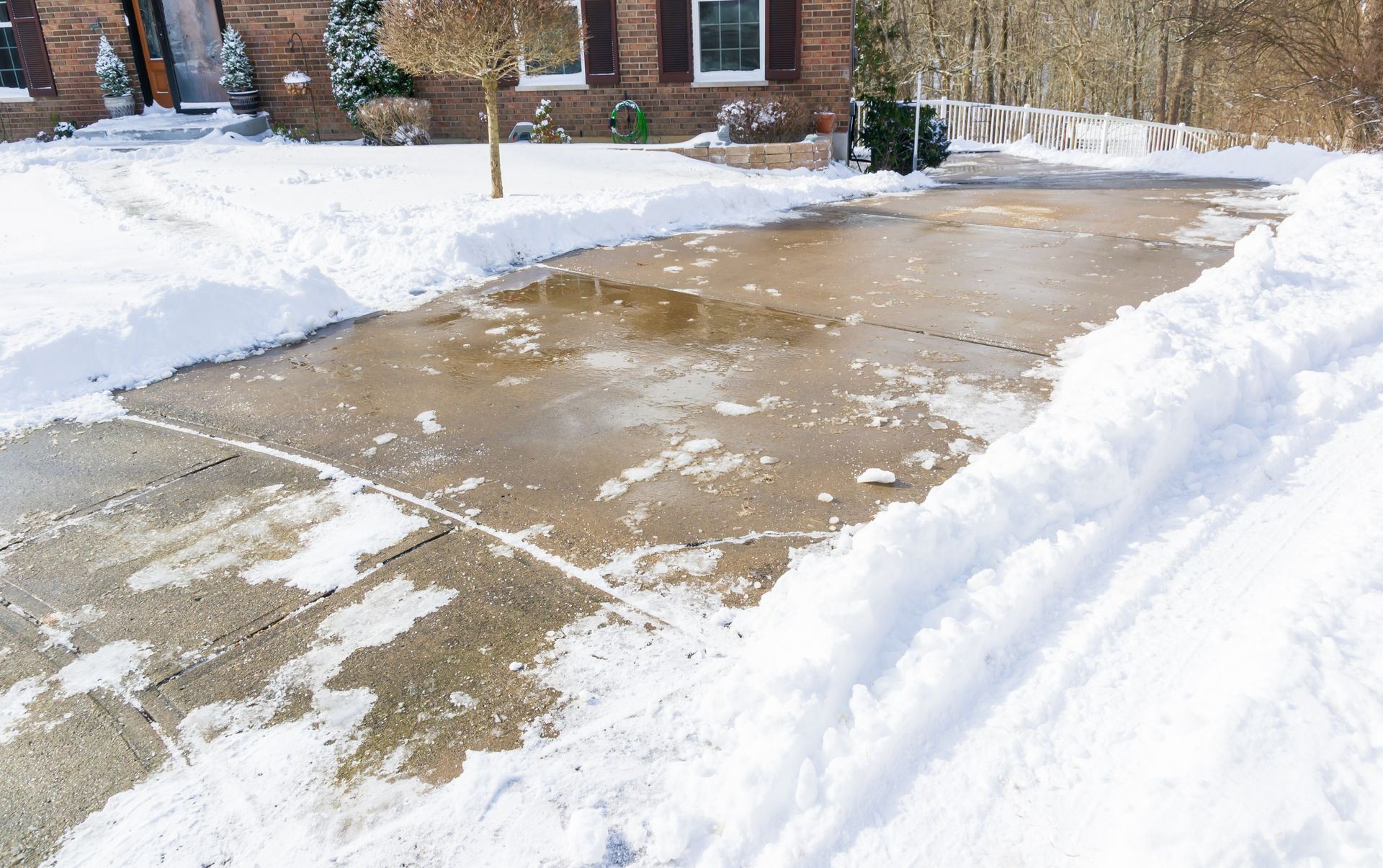 Snowy driveway partially cleared in front of a brick house. Patches of wet concrete visible.
