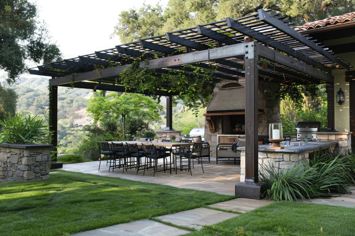 A pergola over a patio with a table and chairs underneath it.